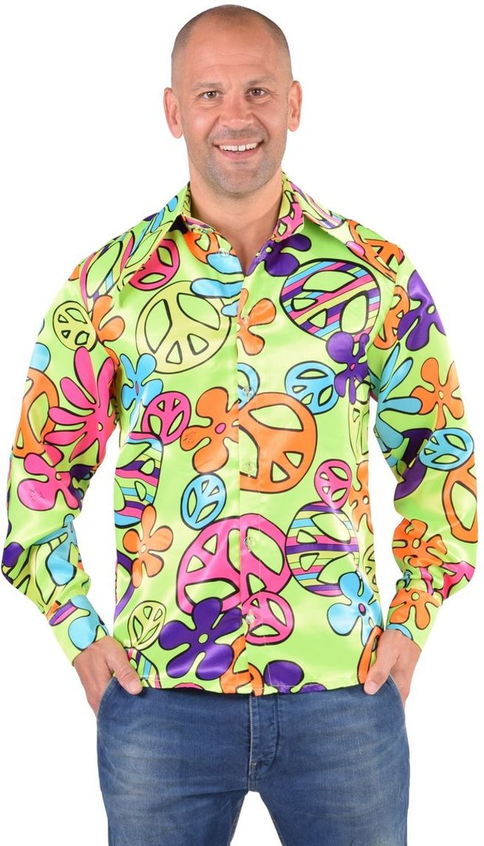 Hippie Kostuum | Satijnen Peace Teken Hippie Hemd Man | Small | Carnaval kostuum | Verkleedkleding